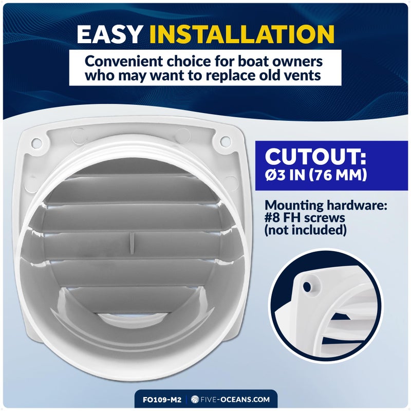 Five Oceans 6-Slotted Louvered Hose Vent, 3-inch Hose Diameter, 2 Pack Air Hose Thru Vent, White ABS Plastic - FO109-M2 - Image 3